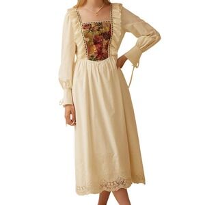 Simple Retro Apricot Floral tapestry embroider therein renaissance Dress Sm Nwt